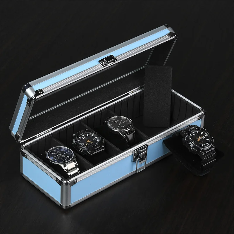 

Dropshipping Sky Blue Transparent Glass Window Aluminum Alloy Watch Storage Display Box Case