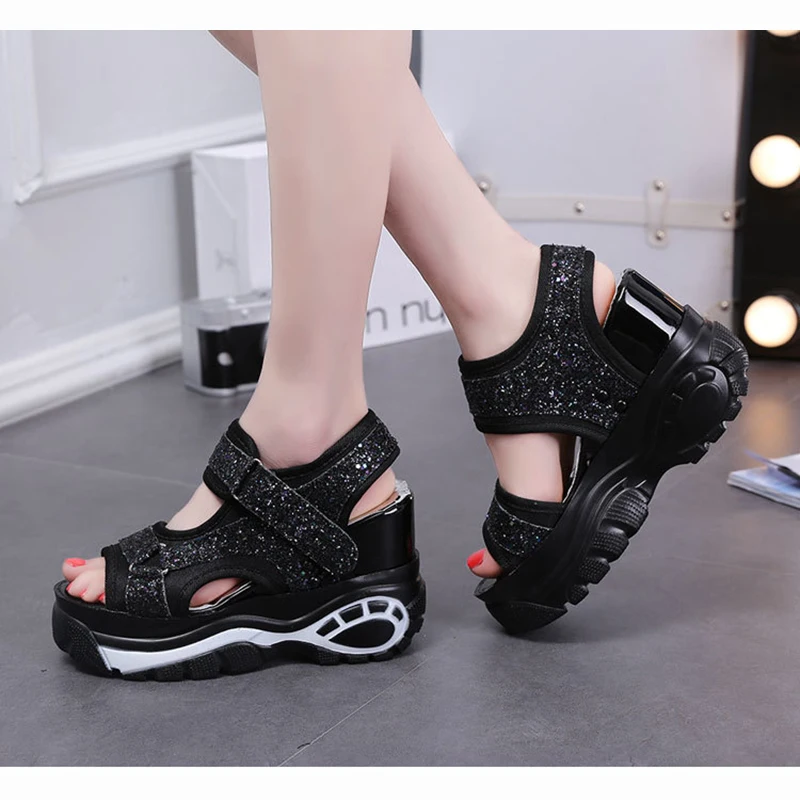 

New 2020 Platform Sandals Women Black and White Wedge Glitter Sandals