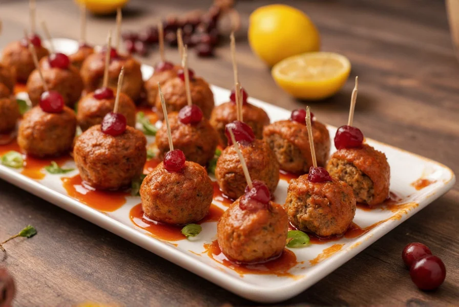 Presentation of meatballs with chili sauce and grape jelly served on a platter with toothpicks for party appetizer