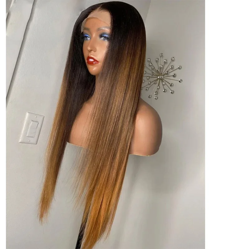 

Black Ombre Brown Human Hair Wig Lace Front Wigs Silky Straight Two Tone Remy Hair Long 150% 180% Glueless Pre Plucked Hairline