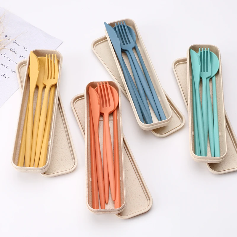 

Wheat Cutlery with spoon fork knife and chopsticks set with wheat case,camping portable cutlery set, Blue, orange, green, yellow,beige