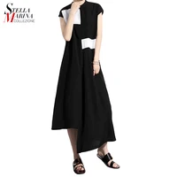 

New 2018 Summer Clothing Women Sleeveless Asymmetrical Long Black Dress Patches Design Female Stylish Casual Tank Dresses
