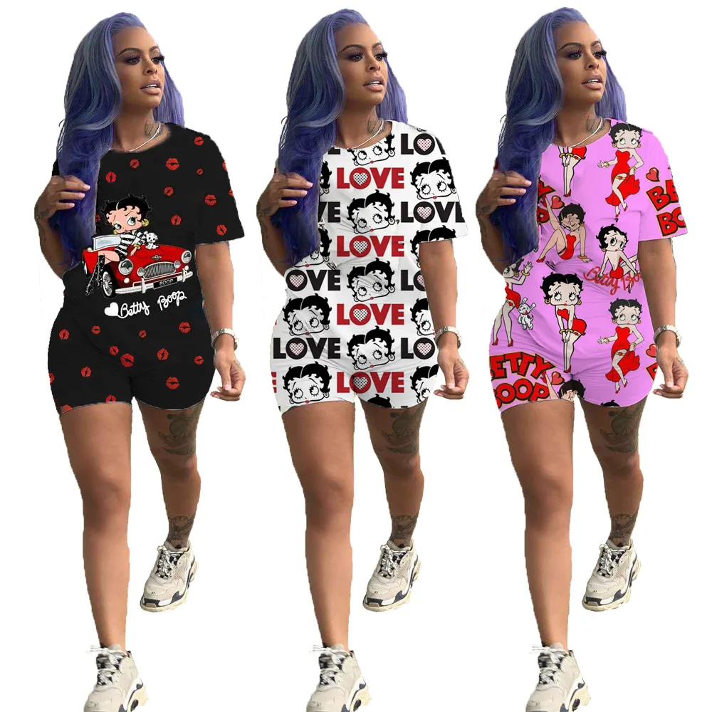 

Lounge Wear Two Pieces Set Women T Shirt Biker Shorts Set Summer Clothes For Women 2020 Cartoon Print Matching Sets