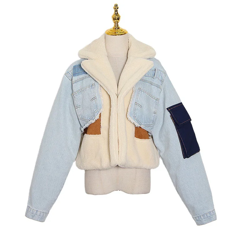 

2021 Winter Coat wool denim Jacket With Fur Lamb Hair Inner Deerskin Jean Patchwork Coat for women sherpa jacket fur jean jacket, Picture