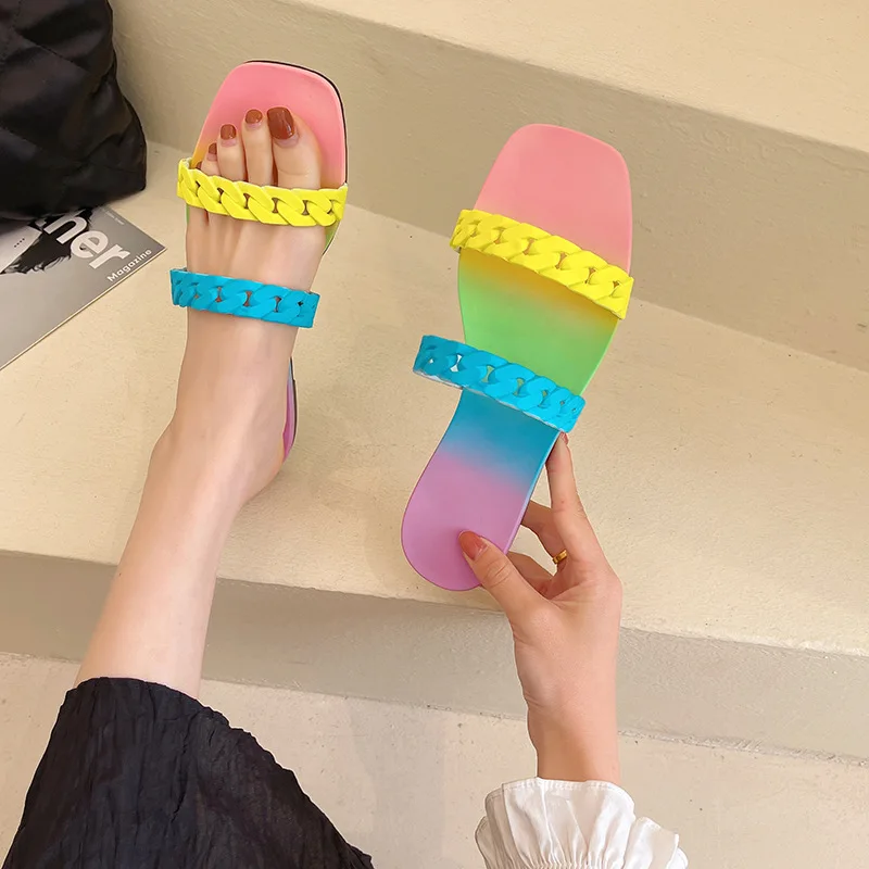 

Women Sandals Clear Shoes Slip On Jelly Shoes Ladies Flat New Rainbow Composite Bottom Chain Beach Sandals Jelly, Black