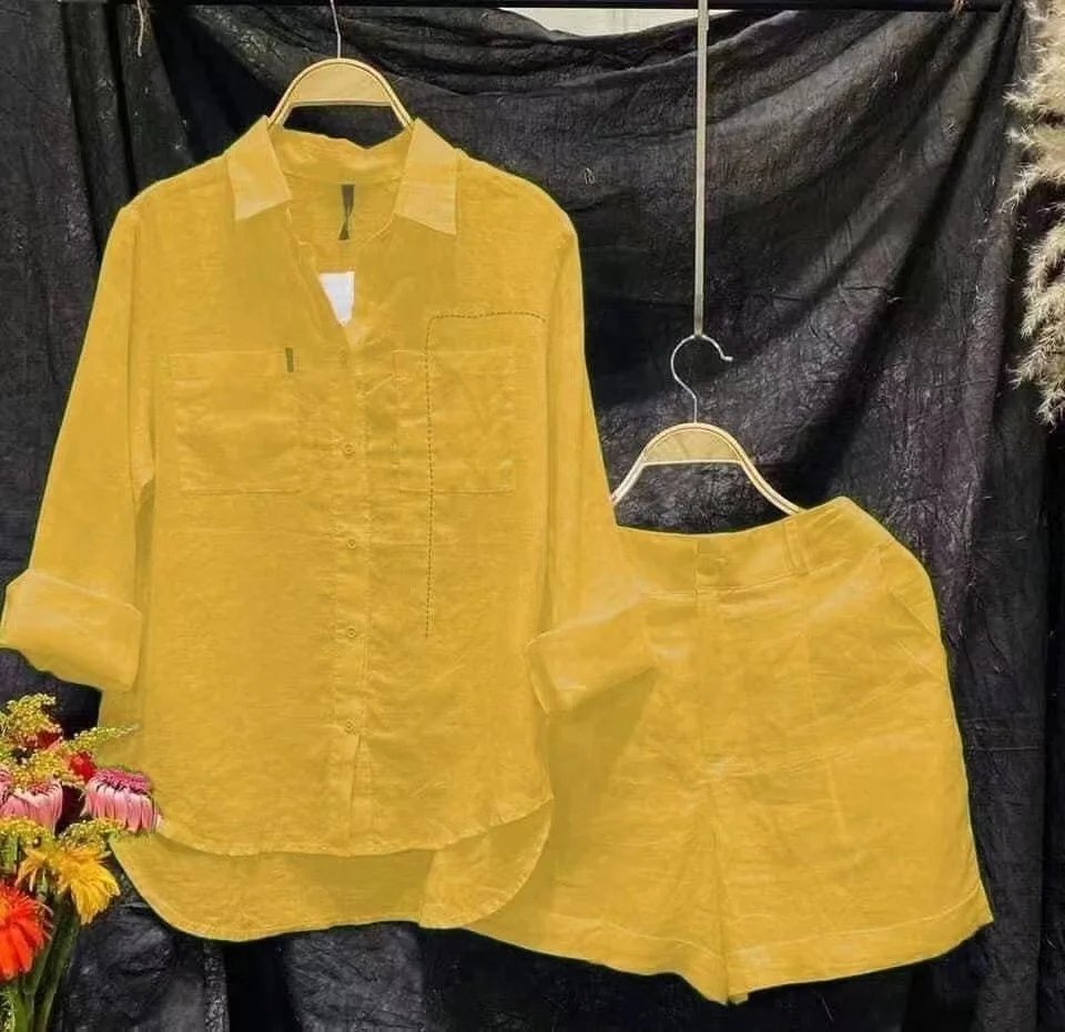 OEM Wholesale Spring Autumn Women Casual Outfits Cotton Linen Solid Color Long Sleeve Shirt Short Shorts Two Piece Set