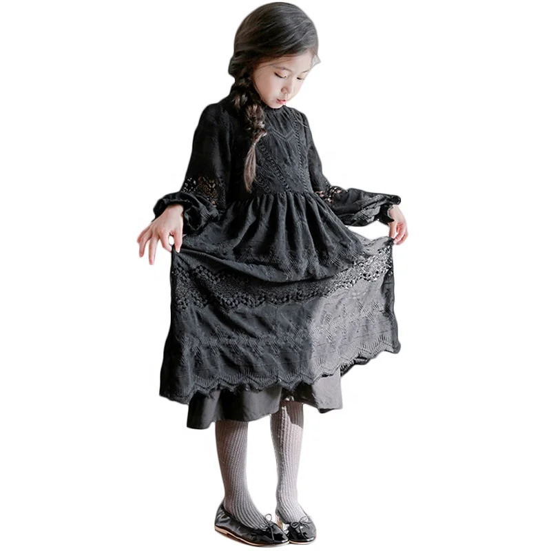 

Autumn Girls Chiffon Embroidery Dresses Children Round Neck Ruffles Princess Dresses With Laced Long Sleeves Dresses, Black