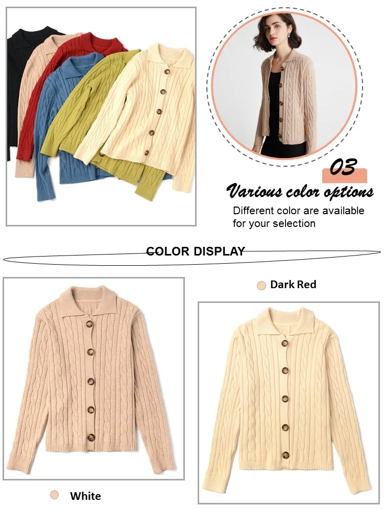 Fashionable Polo Neck Cable Knit Womens Knitted Sweater Cardigan