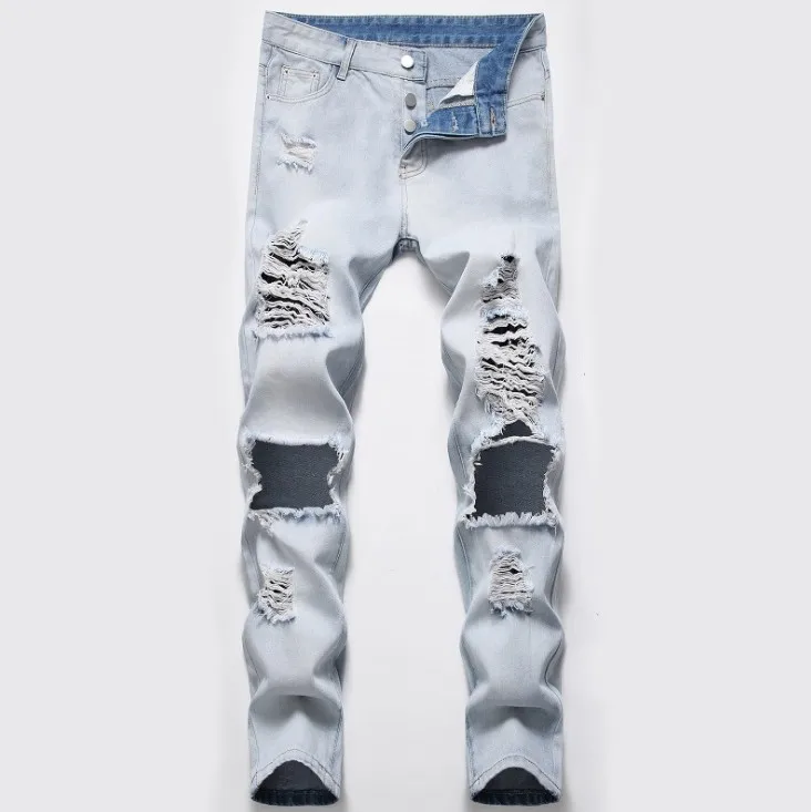 

Free Shipping Streetwear Hip Hop Jeans For Men's Jean Fabrics Denim Pants Ripped Slim Fit 2021 Men Jeans