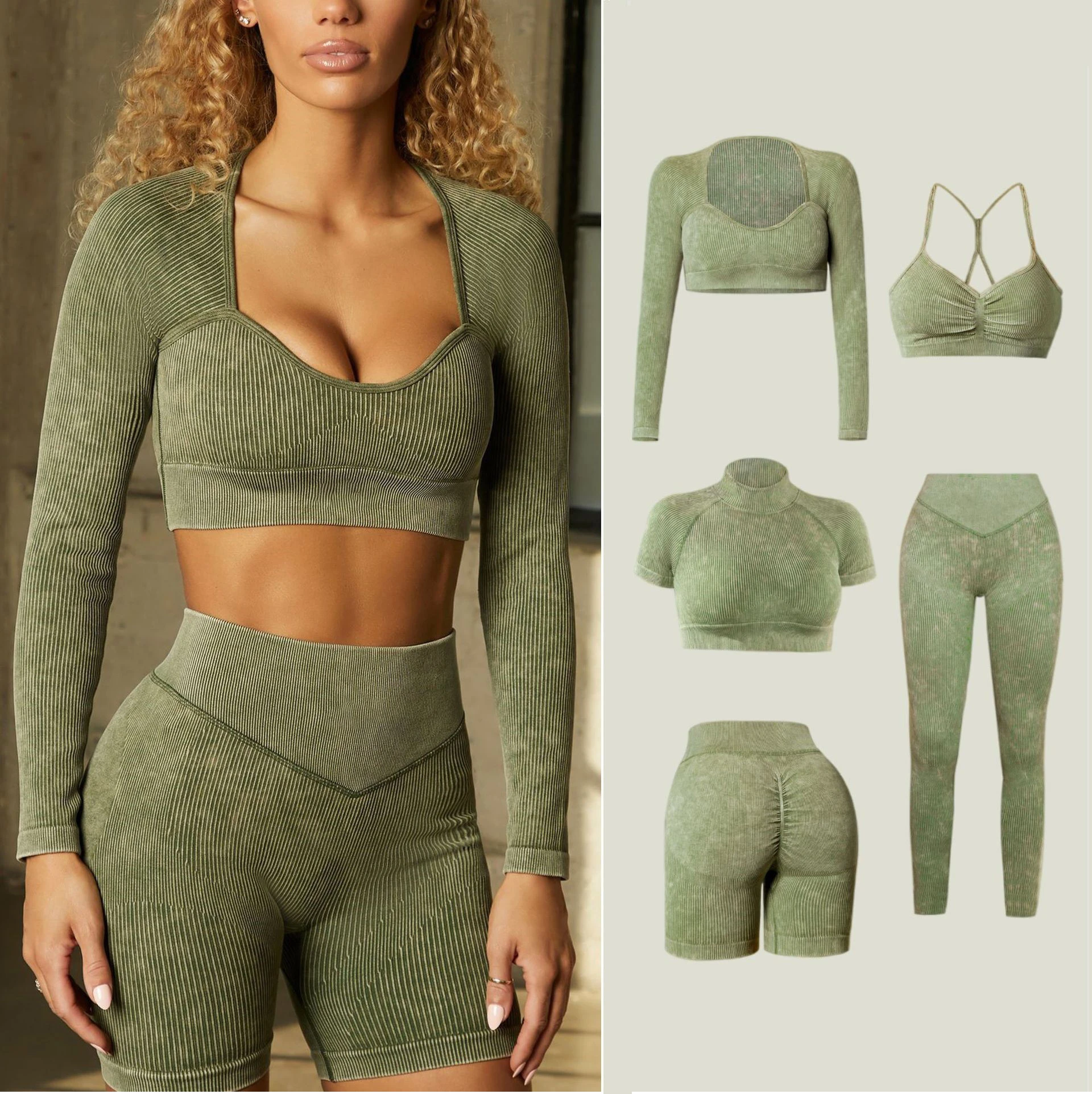 

5pcs 6 colors Acid Wash Ribbed Fitness Women Yoga Set Active Long Sleeve Crop Top Seamless Scrunch Leggings Workout Clothing