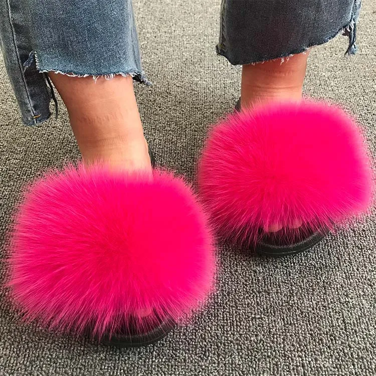

2021 new design Wholesale real fur slide fox outdoor fur slippers women home slides winter slippers