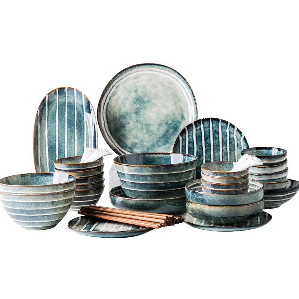 

Japanese style vintage and creative blue and white strip plate and bowl set