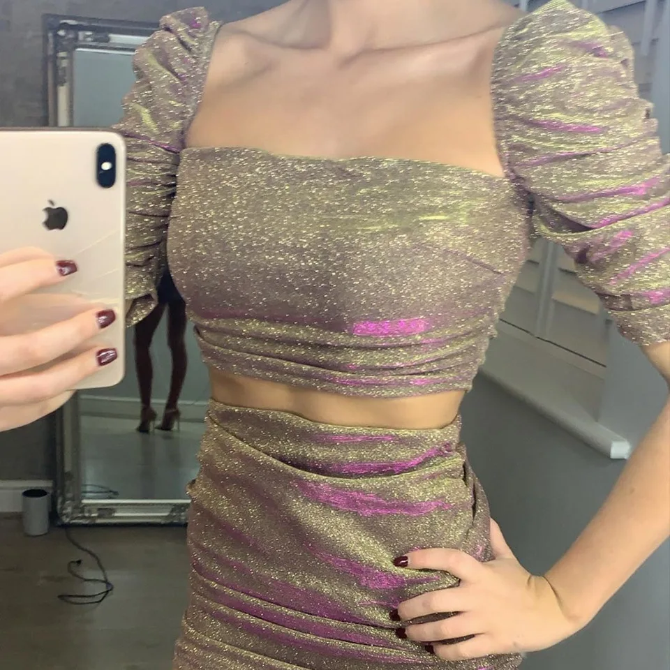 

2020 New arrivals women short sleeve Glitter bra top and skirt bodycon two piece set women ladies clothing