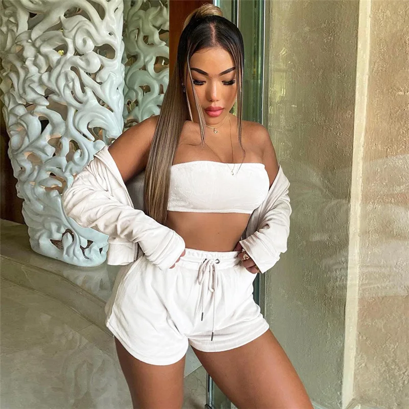 

Street Style Three Piece Velvet Shorts And Hoodies Jogger Autumn Sets Women