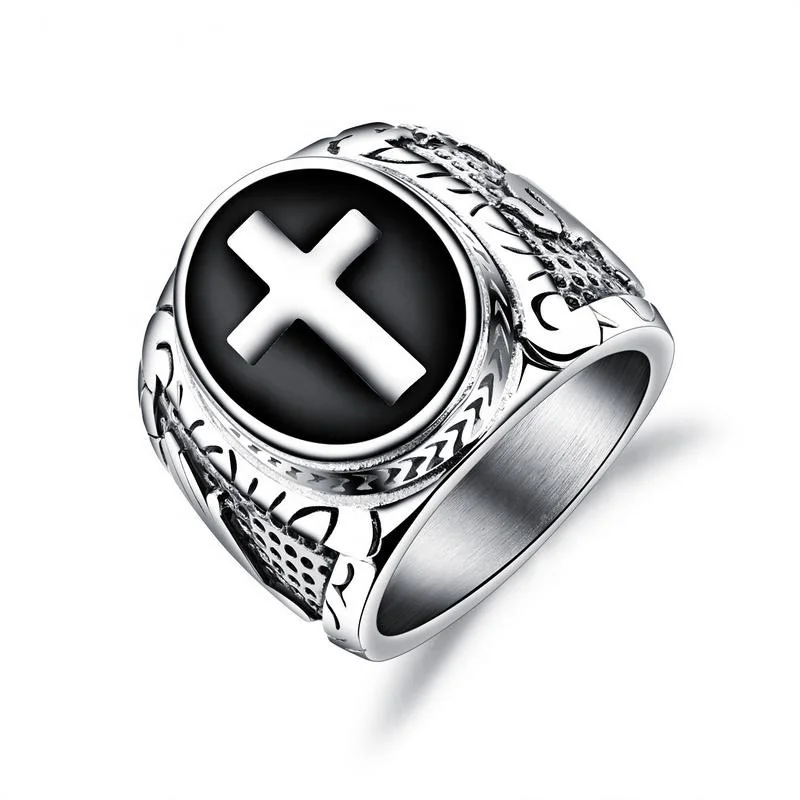 

Wholesale European Style Jewelry Vintage Punk Titanium Cross Ring for Men