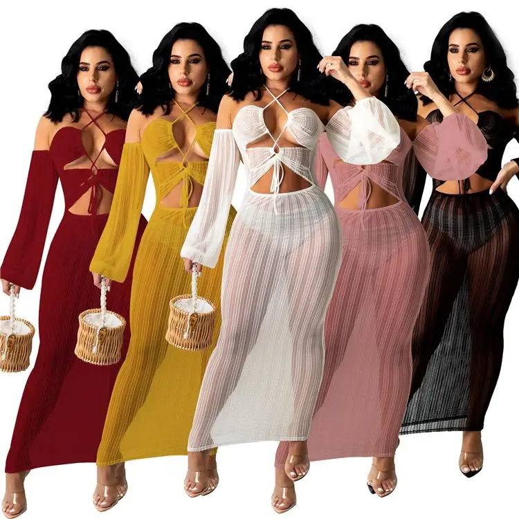 

MOEN Summer 2021 Solid Color Hanging Neck Perspective Dresses Ladies Women Hollow Out Maxi Trendy Dresses