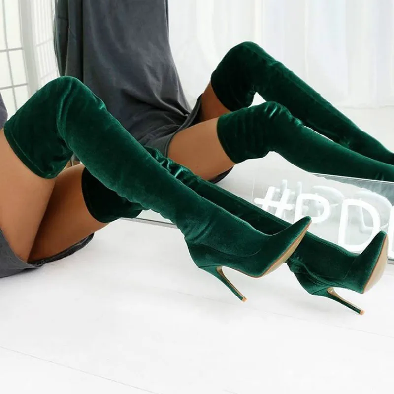 

Fashion Velvet Elastic High Heeled Pointed Toe Over The Knee Boots Women Frosted Tight Hight Ladies Boots, Customized color