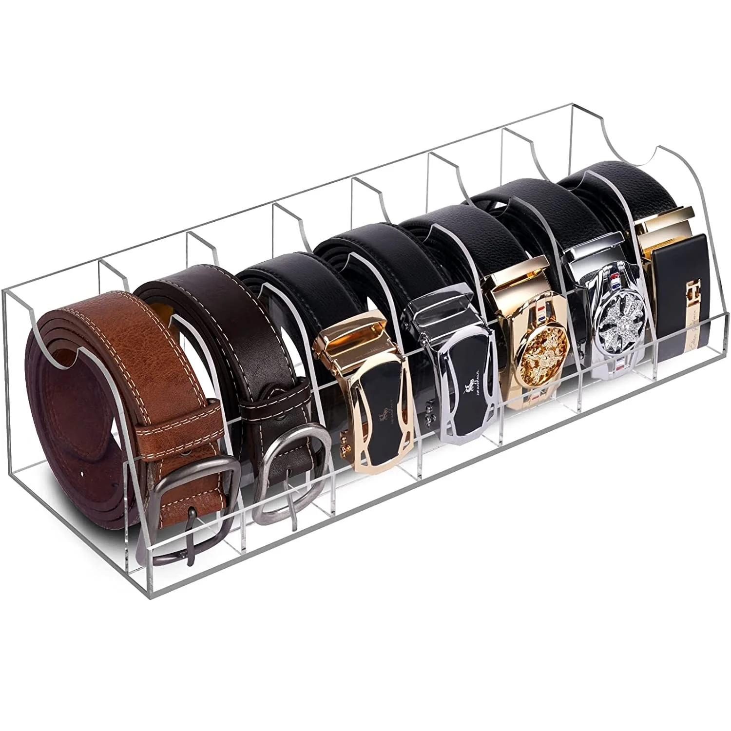 

Belt Organizer 7 Compartments Rack Transparent Acrylic Box Storage for Closet Drawer Tie Watches Jewelry Makeup Bracelets Rings