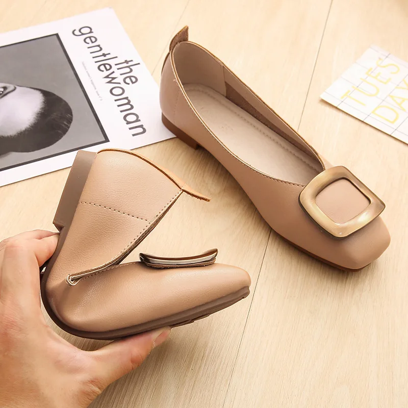 

Women Flats Shoes Low Wooden Low Heel Ballet Square Toe Shallow Buckle Brand Shoes Slip On Loafers zapatos de mujer, As picture