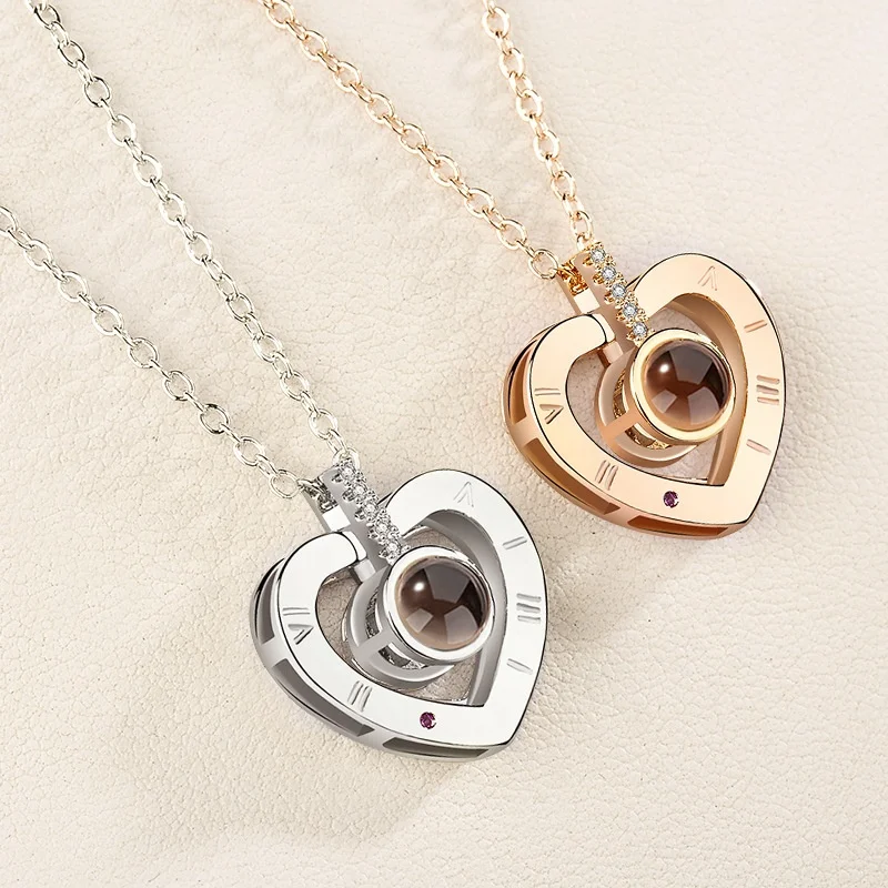 

2020 Fashion Valentines Day Gifts 100 Languages I Love You Rose Gold Love Memory Projection Zircon Pendant Necklace, Rose gold, silver