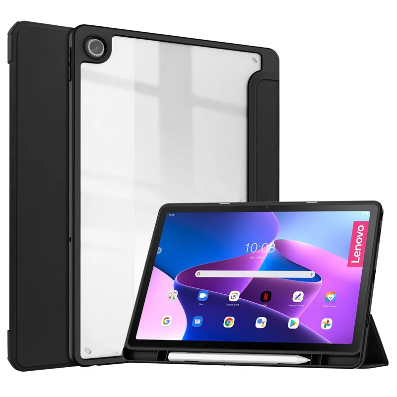 

For Lenovo Tab M10 Plus 3rd Gen 10.61'' TB-128F Case With Pencil Holder Slot PU Leather Acrylic Clear Back Folding Cover