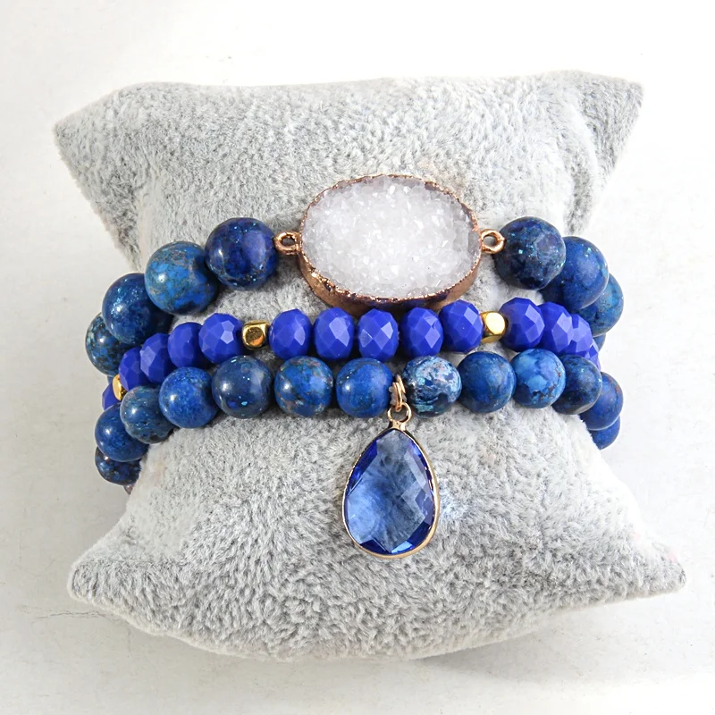 

New Bohemian Jewelry Boho Emperor Stone 3pc Natural Stone Crystal Glass Beads Bracelet Druzy Stack Bracelet Set