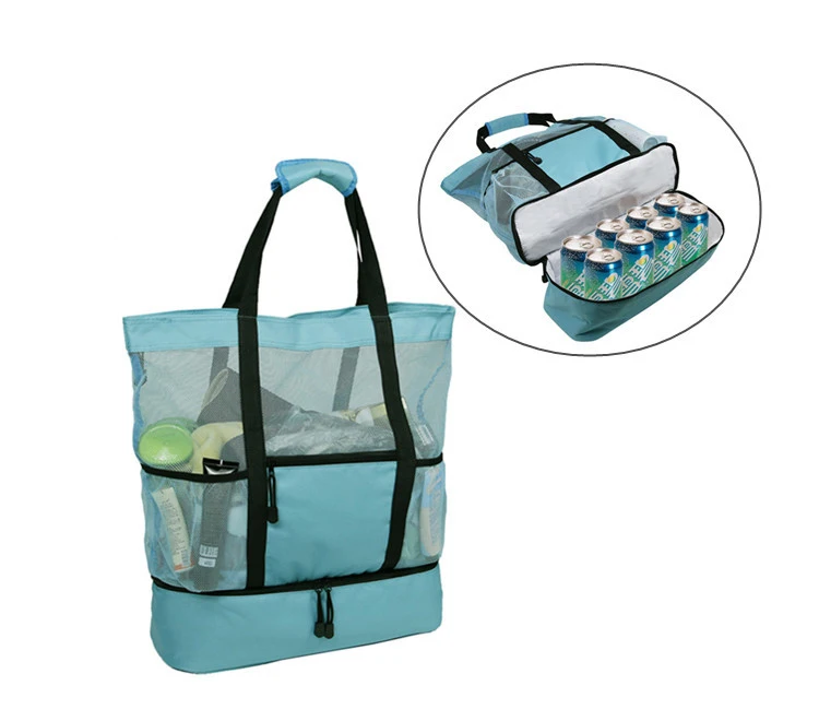 

TL019 2 IN 1 beach picnic cooler shoulder bags insulated double layer cloth storage travel big mesh beach tote bag, 6 colors