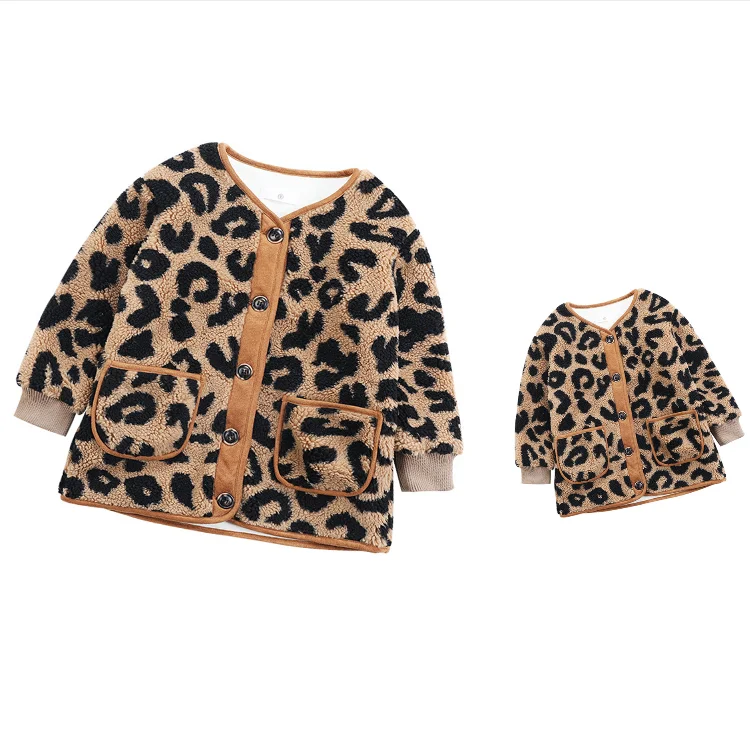 

Winter Fuzzy Mommy And Me Jackets Stylish Family Clothes Kids Plush Outwear Leopard Print Mom And Daughter Fleece Long Coats