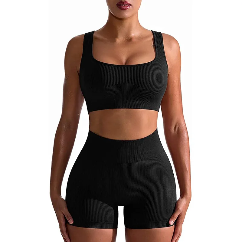 OEM Spring Color Ribbed Embroidery Loungewear Women Sets Summer T Shirt Shorts Set Custom Logo 2 Piece Set Clothing for Women