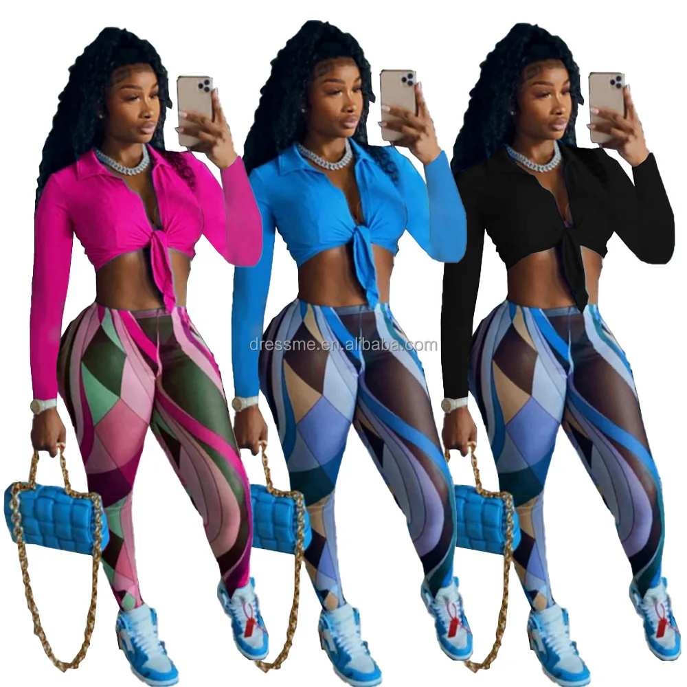 

MT96-8381 2021 Women's Printed Color Crop Tops Wrap And Tie With pencil trousers Suits Two Piece Outfits Autumn Style Streetwear