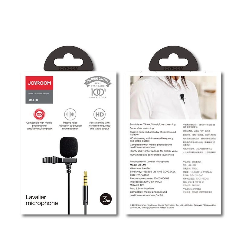 

JOYROOM 3M Live streaming recording wireless microphone lavalier microphone for live show, Black