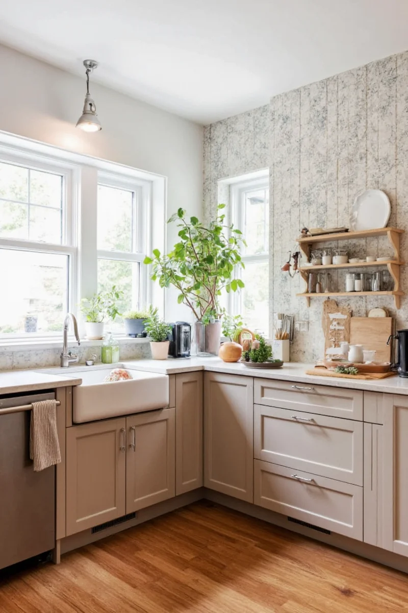 Cozy kitchen with indoor herb garden and personalized mugs