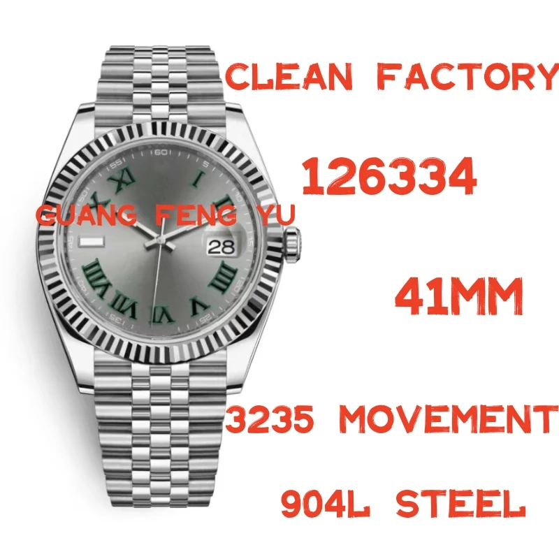 

Automatic Watch 41MM 126334 Clean Factory 1:1 Best Edition 904L Steel Grey Dial Green Roman Markers On Jubilee Bracel