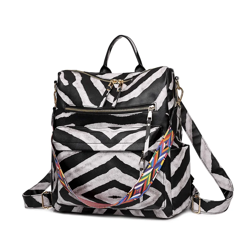 

Retro Fashion Casual Zebra Pattern Bag for Girls PU Leather Convertible Backpacks Large Capacity Backpack for Wholesalers
