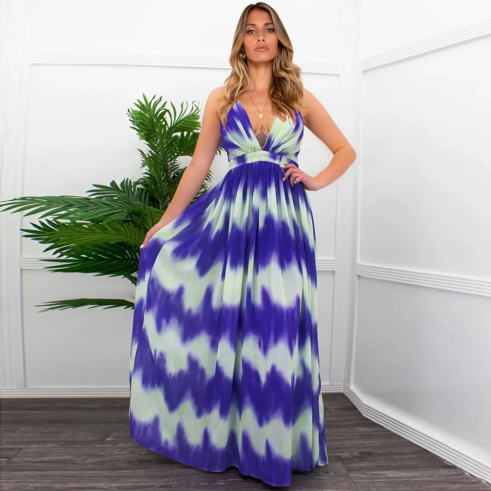 

Striped Print Dress Summer New Style Beach Sexy V-neck Suspender Long Dress Plus Size Women's Clothing, Picture
