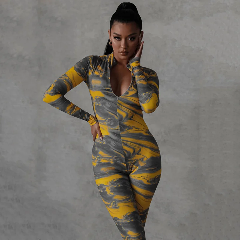 

Fall Womens Rompers Long Sleeve Yellow Jumpsuit Tie Dye Zipper Bodycon Women Jumpsuit