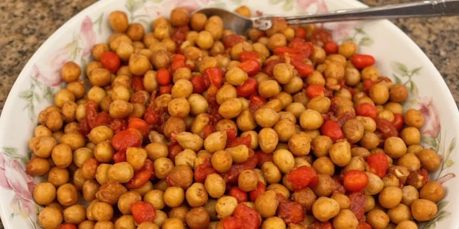 Chickpeas and chili peppers on a wooden table