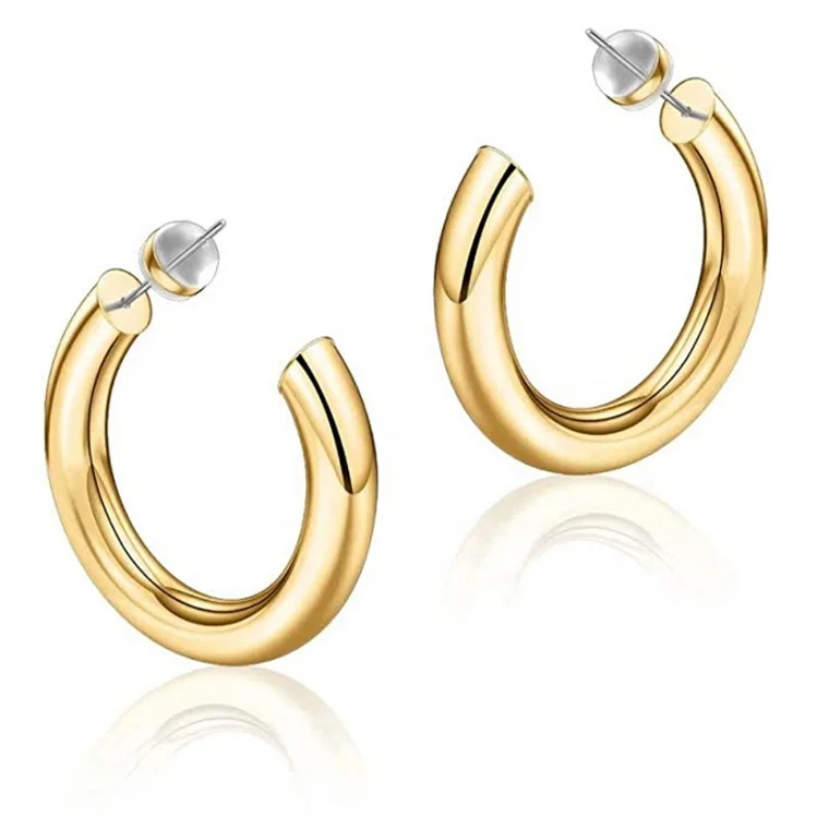 

14K Gold Plated Lightweight Chunky Open Hoops 21524 earring Surgical Stainless Steel Post Thick Hoop Stud Earrings, Gold, silver