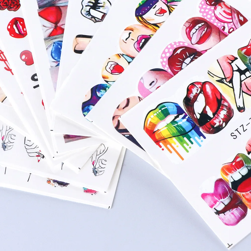 

9pcs per set European-style Sexy Red Lips Tongue Beauty Pattern Nails Semi-Full Water Transfer Sticker portable for women