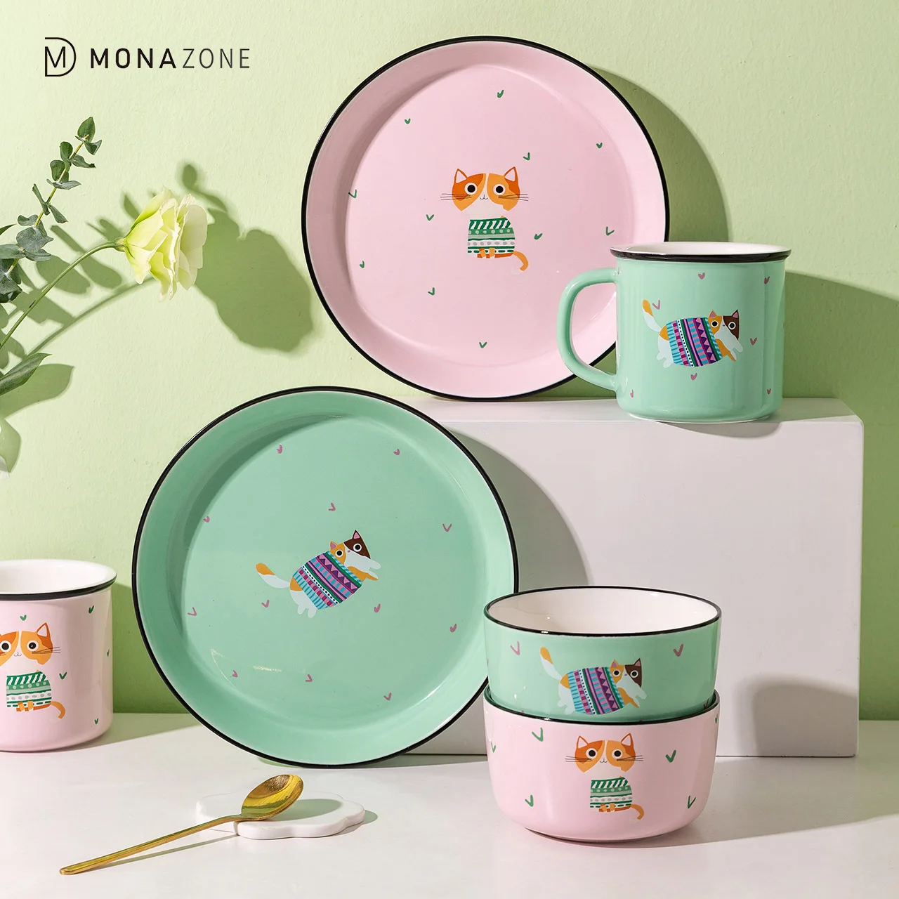 

MONAZONE Cartoon Cat Ceramic Dinner Plate Rice Bowl Breakfast Cup Dinnerware Set