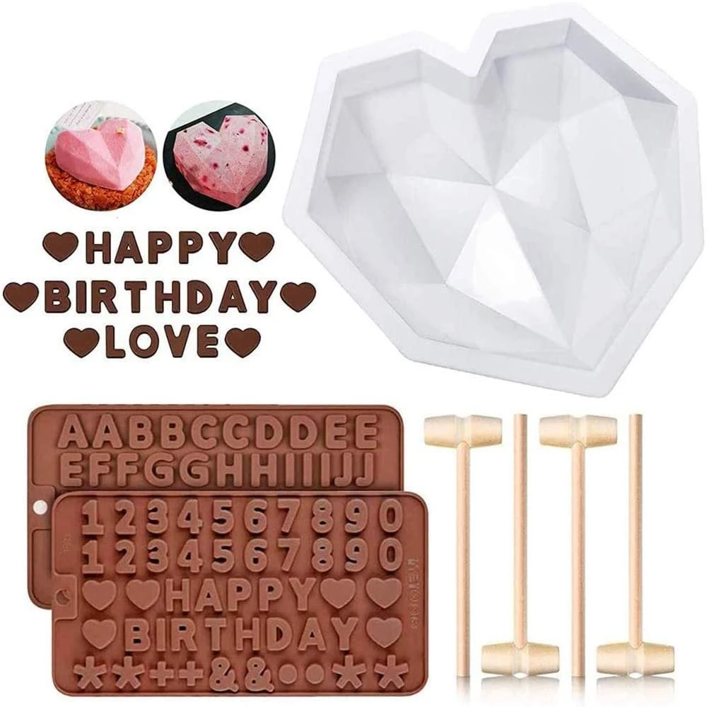 

Baking Alphabet Letter Silicone Mould Diamond Heart Mold With Wooden Hammer Mousse Cake Tool Kit For Birthday Cake Decoration, Pink