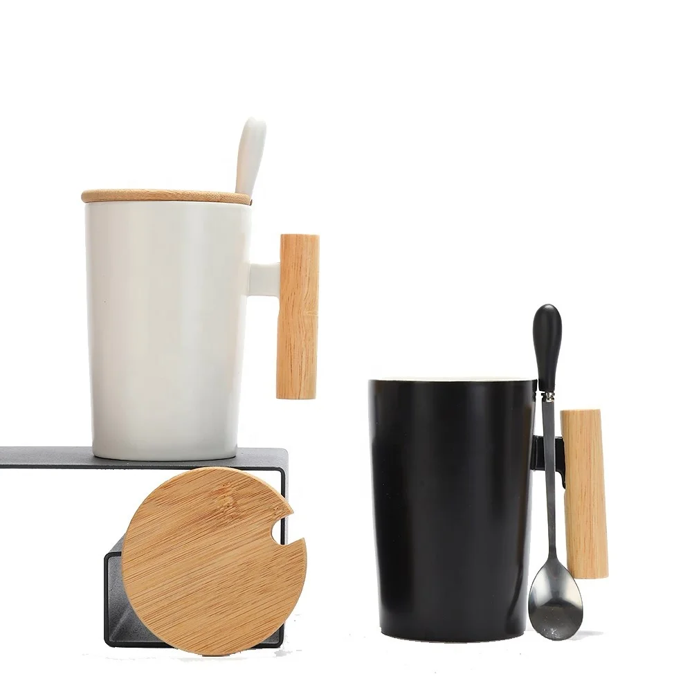 

Black White Ceramic Coffee Mug Tea Cups With Wooden Handle Porcelain Mugs With Spoon