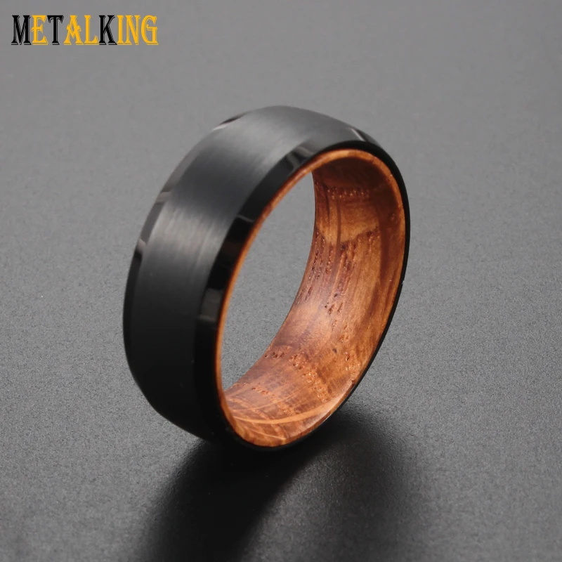 

6mm 8mm Black Tungsten Ring with Whiskey Barrel Wood Insert Comfort Fit