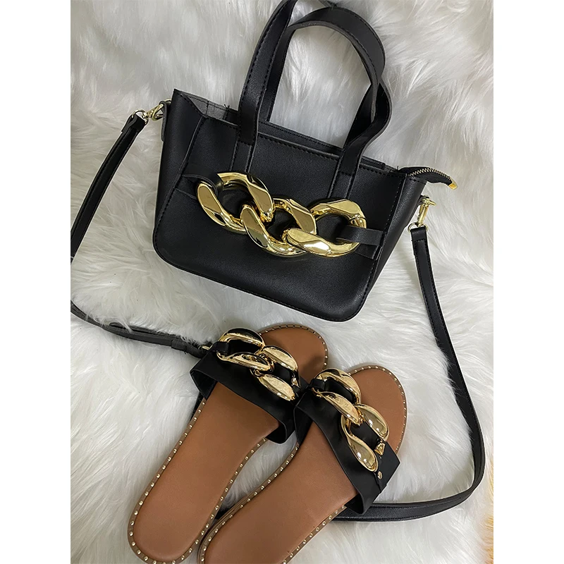 

Wholesale Metal Decoration women handbag and slipper for girls, 3 color