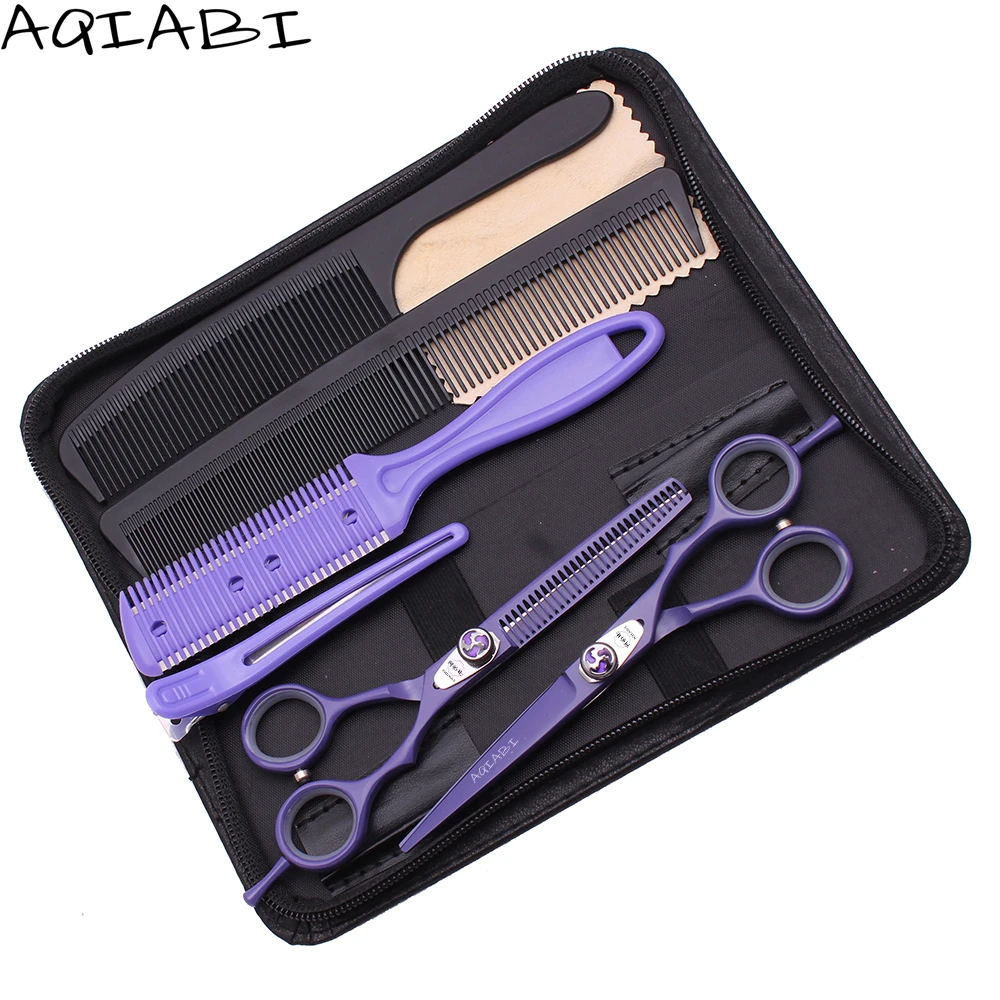 

Barber Scissors 5.5" 6'' AQIABI 440C White Cutting Scissors Thinning Shears Shaving Comb Violet A1018