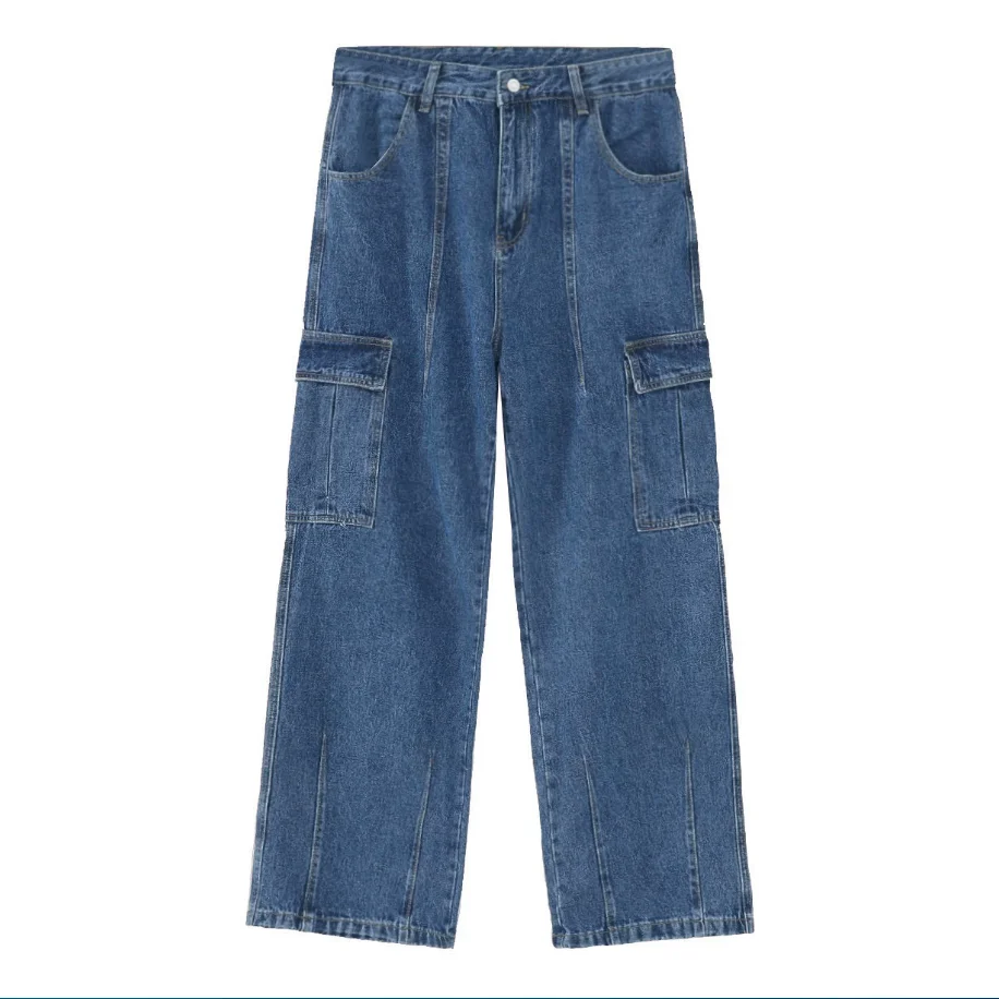 Denim: Street wide-leg cargo pants for men and women straight-leg loose slimming trendy and retro denim trousers