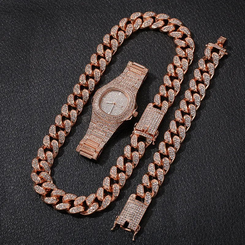

Wholesale Cuban Fashion Gold Plated Jewelry Diamond Men Chain Necklace Bracelet Watch Set Men Cuban Link Quartz Watch Gift Set, 3 colors