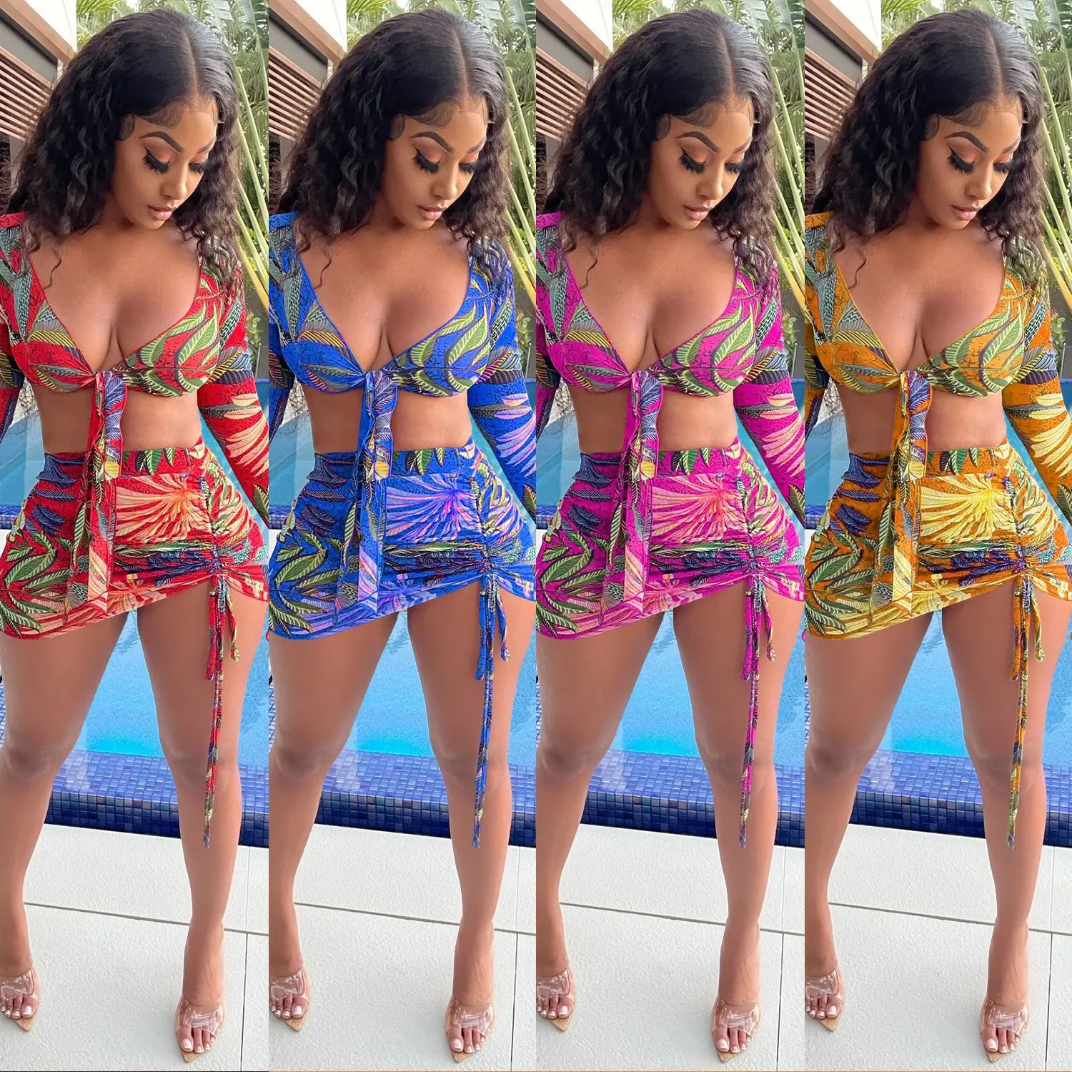 

Beach Clothes Sexy Floral Print Long Sleeve Crop Tops and Ruched Drawstring Skirts boho crop top skirt set woman skirt set, Picture color