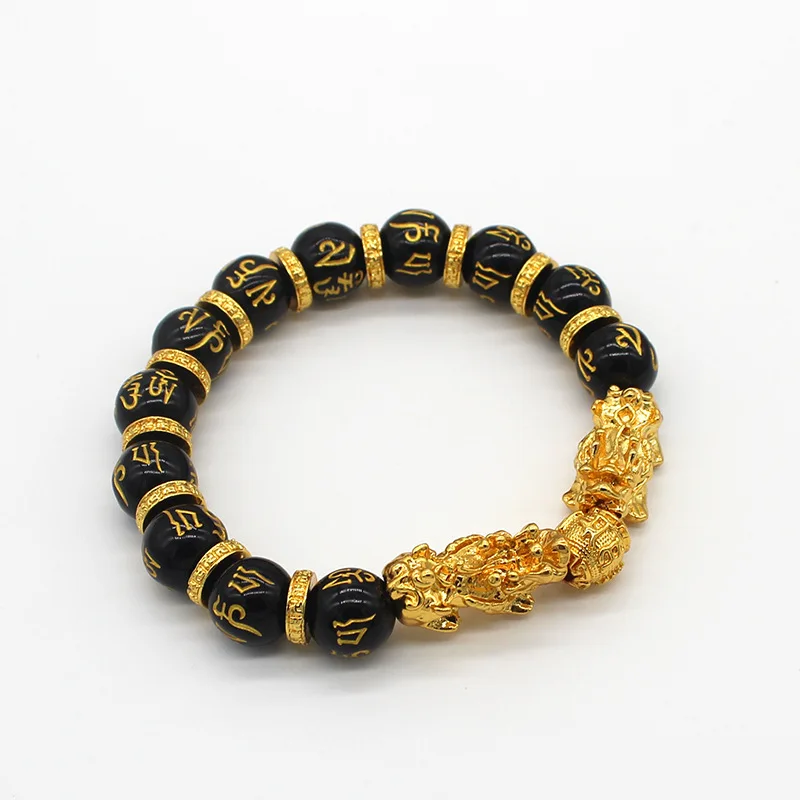 

Yiwu Wholesale Cheap Pixiu Bracelet Black imitation Obsidian Bracelet Pixiu Feng Shui 12mm Glass Beads Bracelet, Black and gold