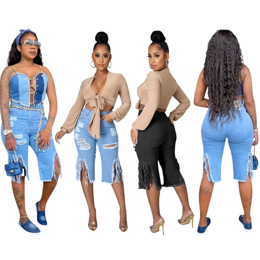 

Plus Size 3Xl High Waist Hole Tassels Washed Summer Women Female Bottoms Ladies Trousers Distressed Denim Pants Ripped Jeans